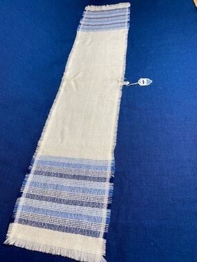 Vintage Berea College Handmade Wool Woven Scarf Cream with Multi-Blue Stripes